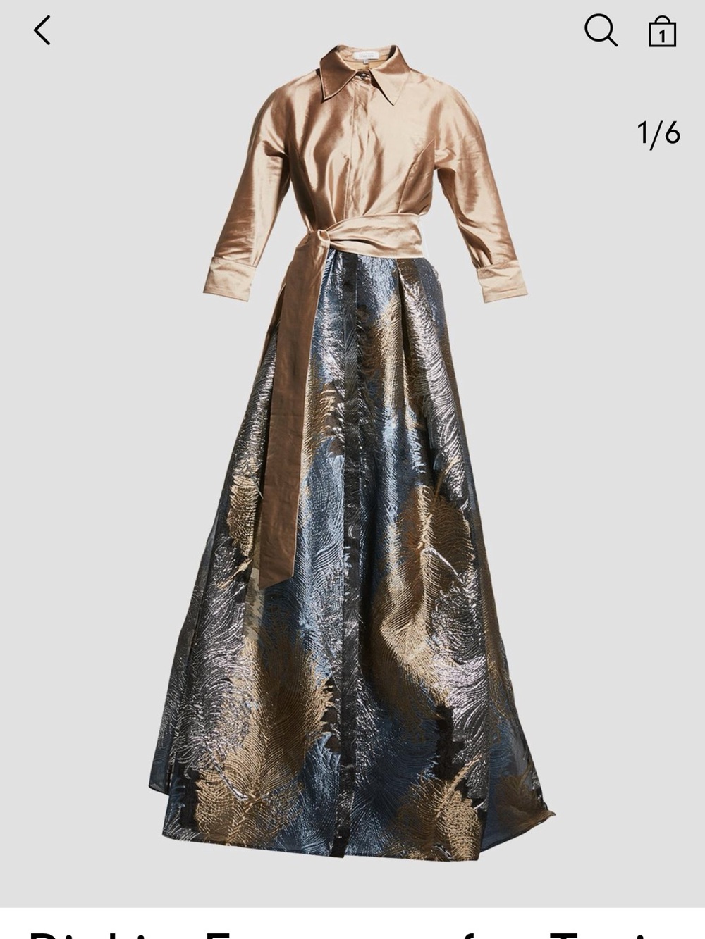 Rickie Freeman for Teri Jon  taffeta shirt dress with feather Metallic Jacquard.